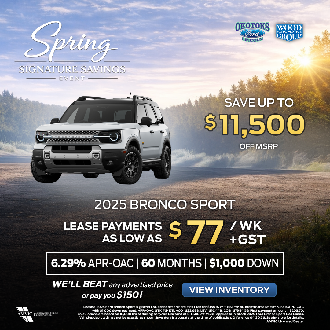 Okotoks Ford Bronco Sport Find Your Fortune March promotion banner featuring Ford deals in Okotoks Alberta