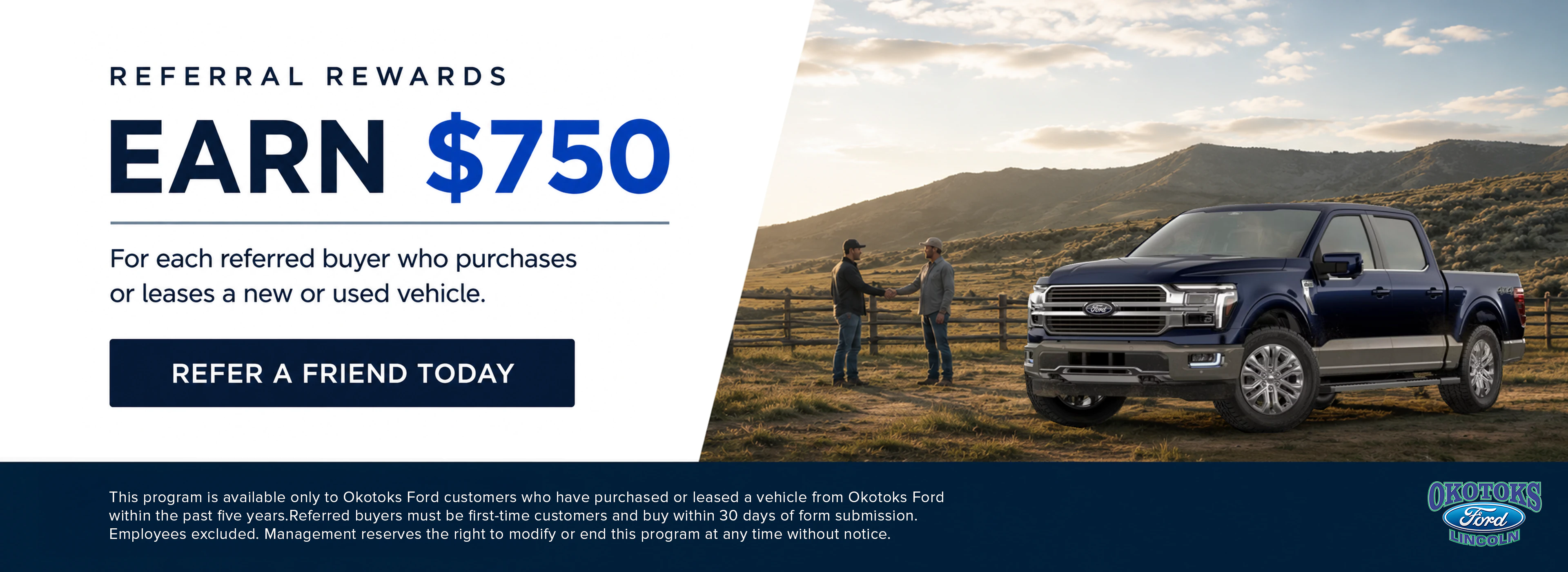 Okotoks Ford $750 referral bonus promotional slider offering customer rewards in Okotoks Alberta