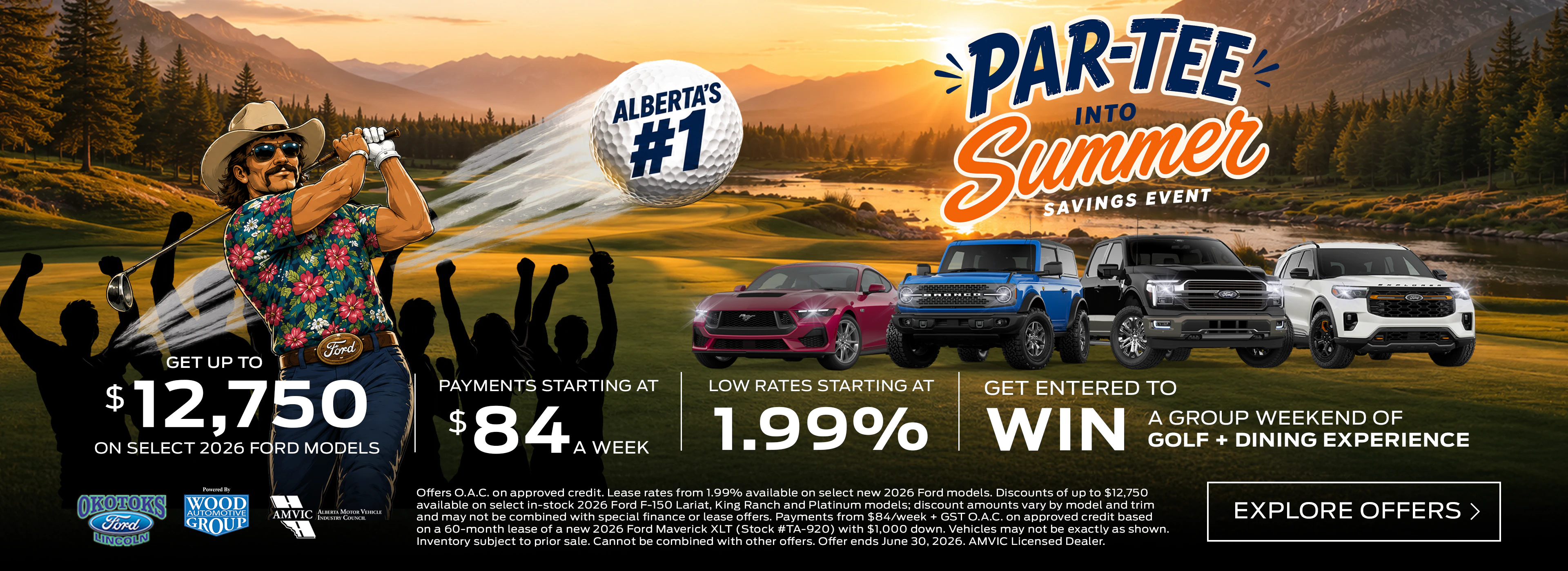 Okotoks Ford dealership Par-Tee into Summer promotion banner with Ford deals Okotoks Alberta